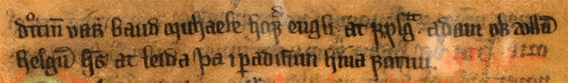 AM 233a fol, 28v, l. 1-2. This is a fragment of Niðrstigningar saga, an Old Norse translation of the apocryphal Evangelium Nicodemi. A fuller example can be found in  Haugen and Pichler 2005, 220-22.