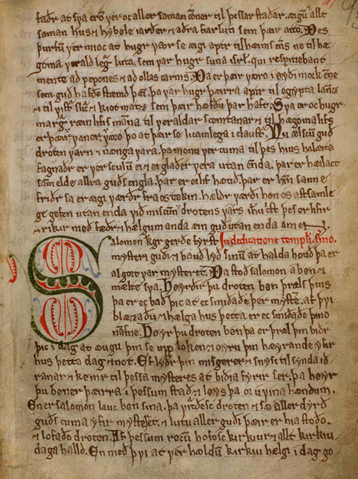 AM 619 4to, fol. 47r. Note the decorated initial S and the littera notabilior, beginning with a capital eth, Ð, in the last word of line 2.